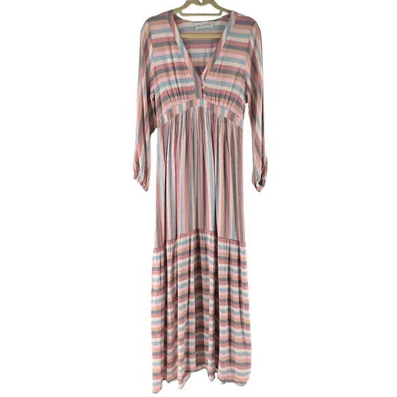 SELF CONTRAST Sophia Elegant MAXI DRESS Romantic Boho STRIPE RAINBOW WOMENS S - Picture 2 of 10